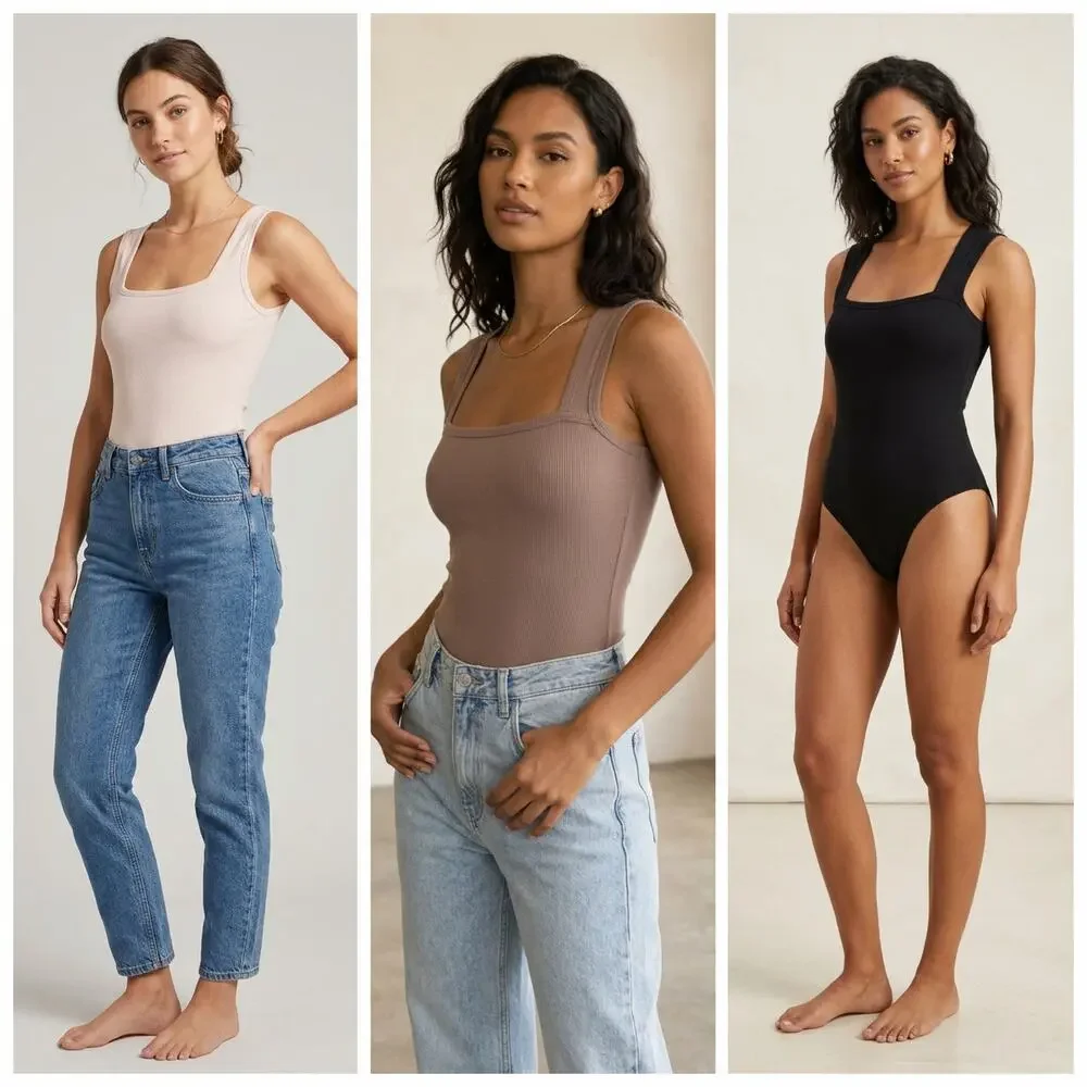 Bundle of 3 Ribbed Square-Neck Bodysuits (Nude, Mocha & Black) - Size XXL